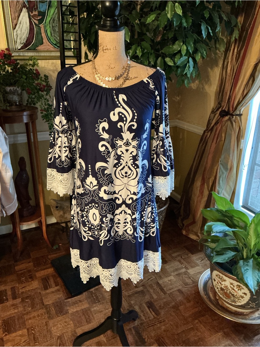 White Mark Navy and White Lace-Trim Boho Peasant Tunic Dress